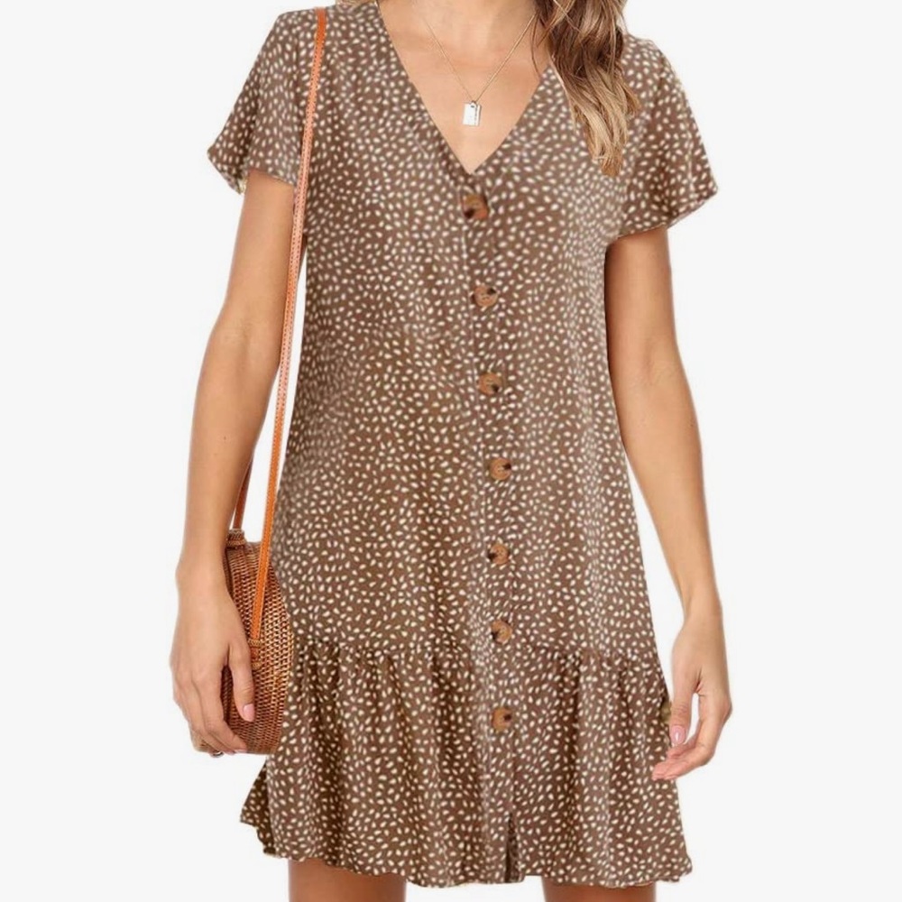 Polka dot V neck button down ruffles t shirt dress